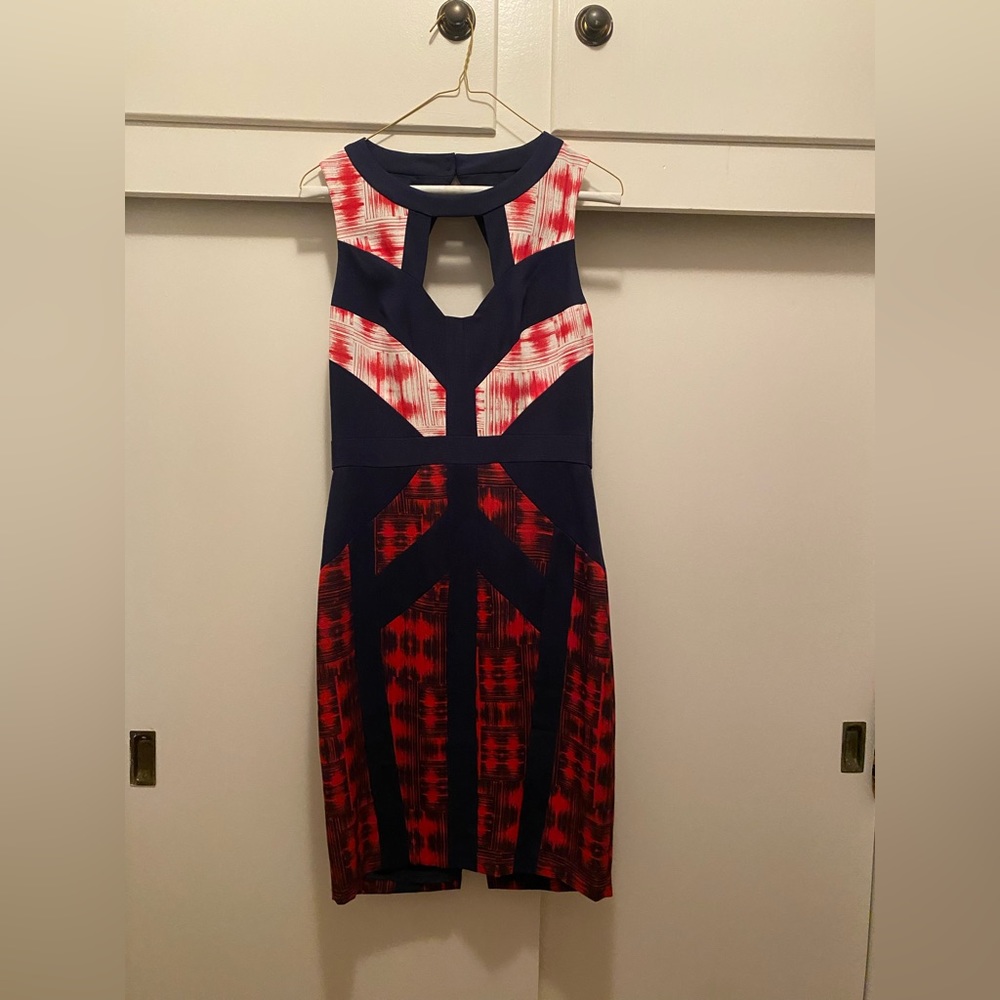 BCBG Navy and Red Patterned Cutout dress. Great for work or dinner party